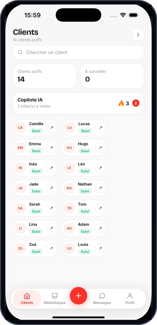 Client list in the coach space with follow-up status