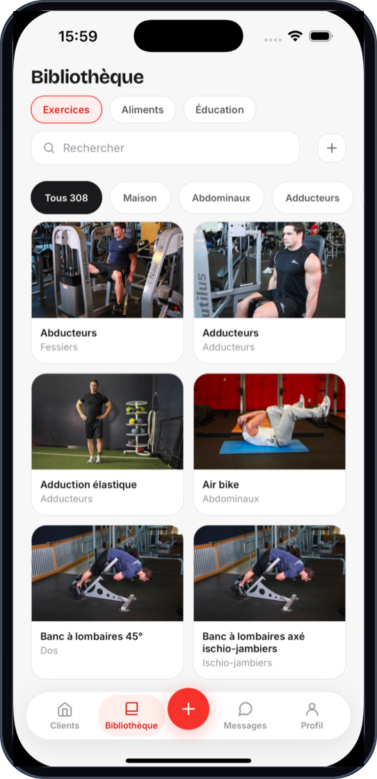 Coach space exercise library with photos and muscle filters