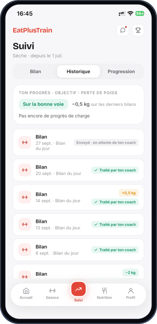 Check-in history with the reviewed by your coach status