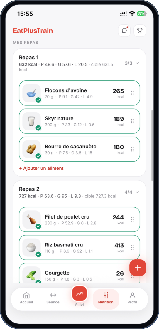 Today's meals with ticked foods, calories and macros